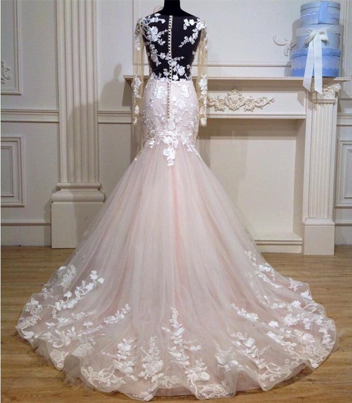 Long Sleeves Mermaid See Through Wedding Dresses Lace Embroidery