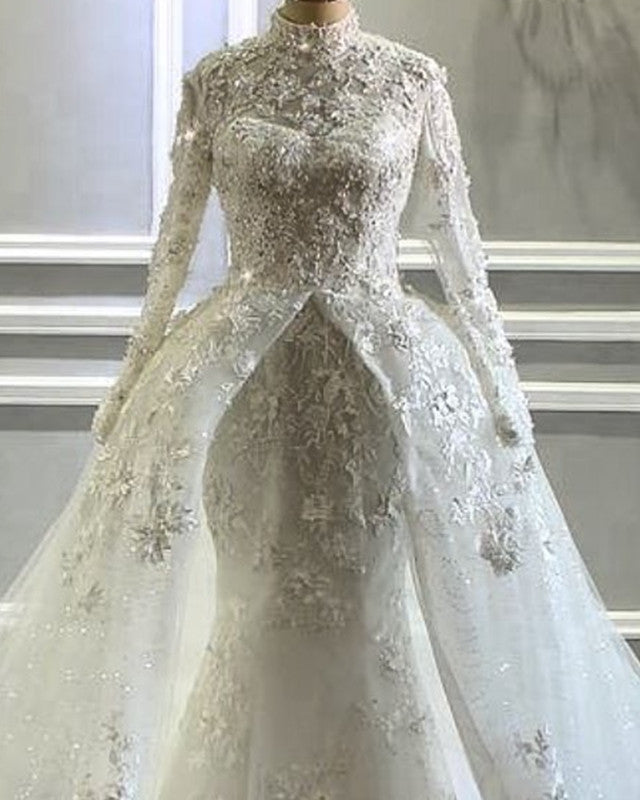 Long Sleeves Mermaid Wedding Dresses Lace High Neck