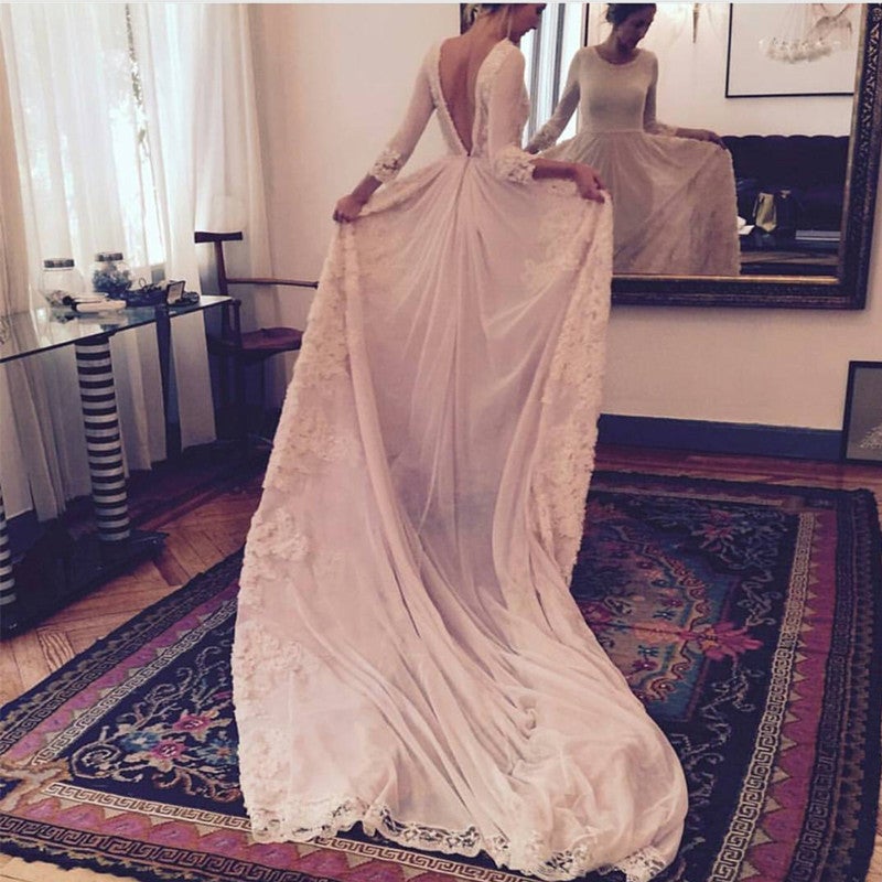 Long Sleeves Open Back Chiffon Wedding Dresses Lace Appliques