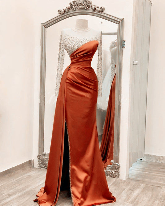 Long Sleeves Prom Dresses Mermaid Satin Split