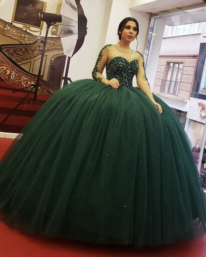 Long Sleeves Quinceanera Dresses Beaded Ball Gown