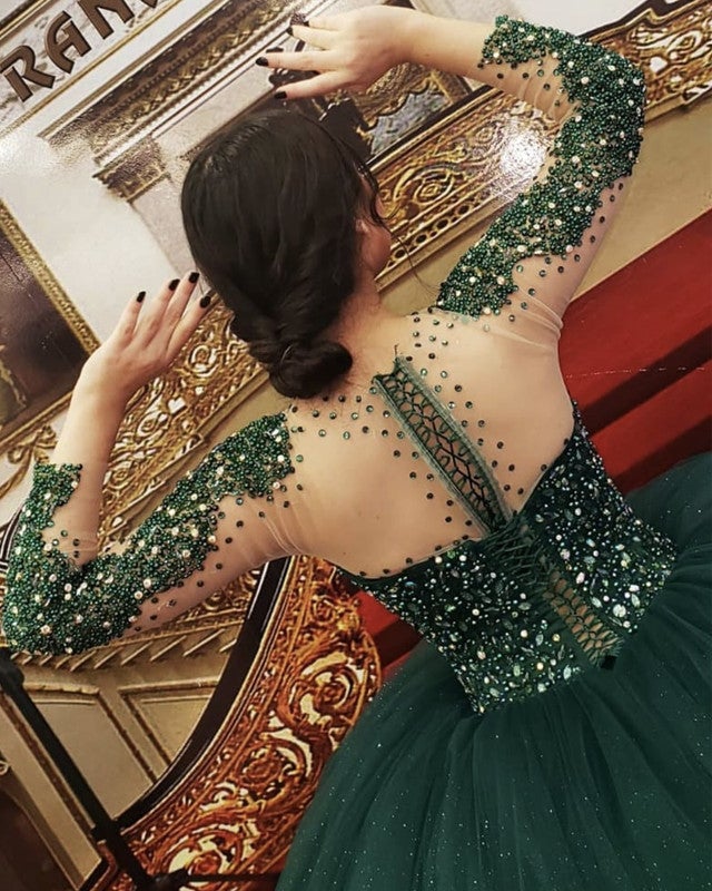 Long Sleeves Quinceanera Dresses Beaded Ball Gown