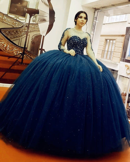 Long Sleeves Quinceanera Dresses Beaded Ball Gown