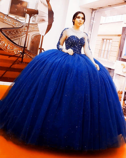 Long Sleeves Quinceanera Dresses Beaded Ball Gown