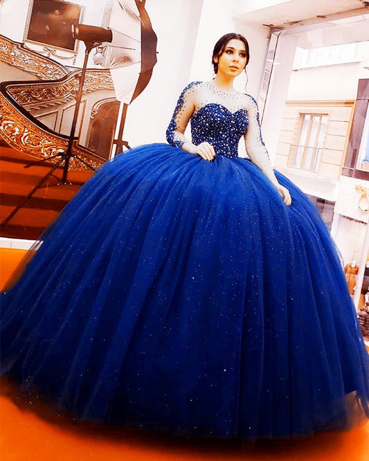 Long Sleeves Quinceanera Dresses Beaded Ball Gown