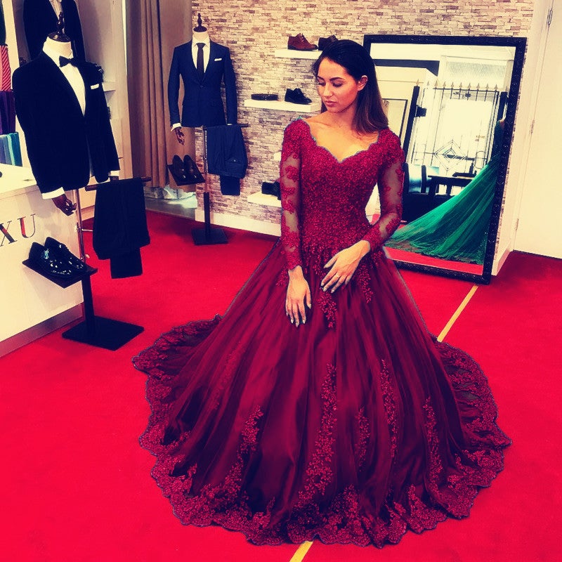 Long Sleeves Royal Blue Lace Ball Gowns Wedding Dresses