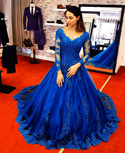 Long Sleeves Royal Blue Lace Ball Gowns Wedding Dresses