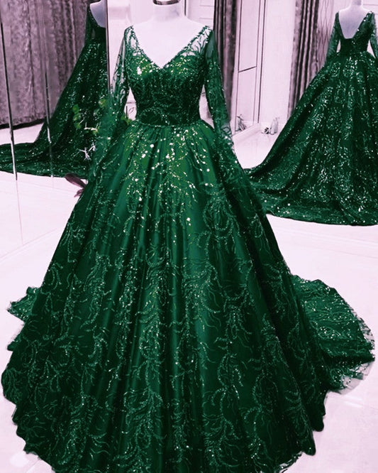 Long Sleeves Sequin Ball Gown Dresses V Neck