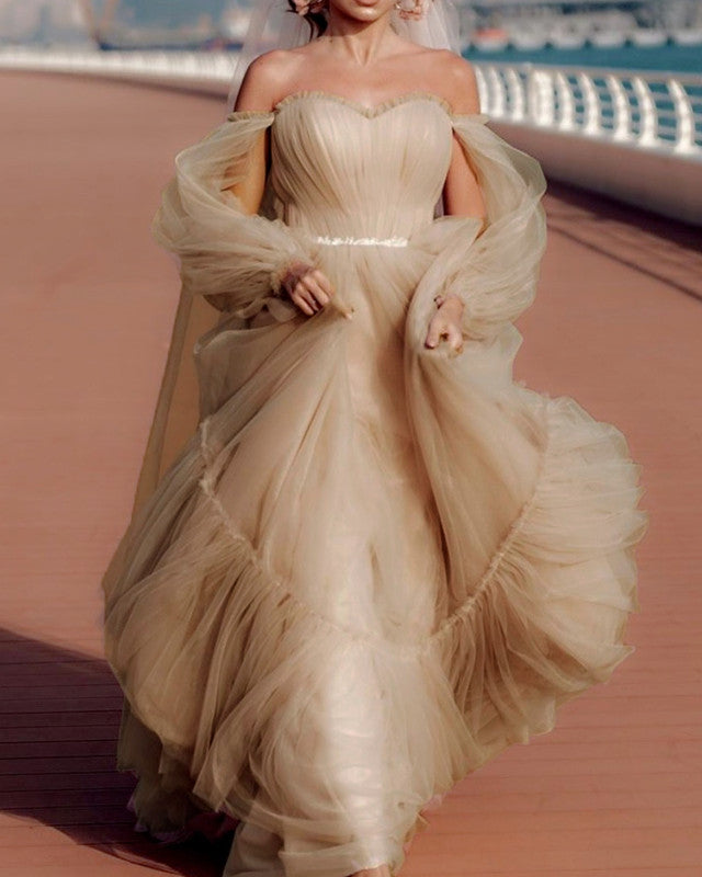 Champagne Tulle Boho Wedding Dresses Sleeved