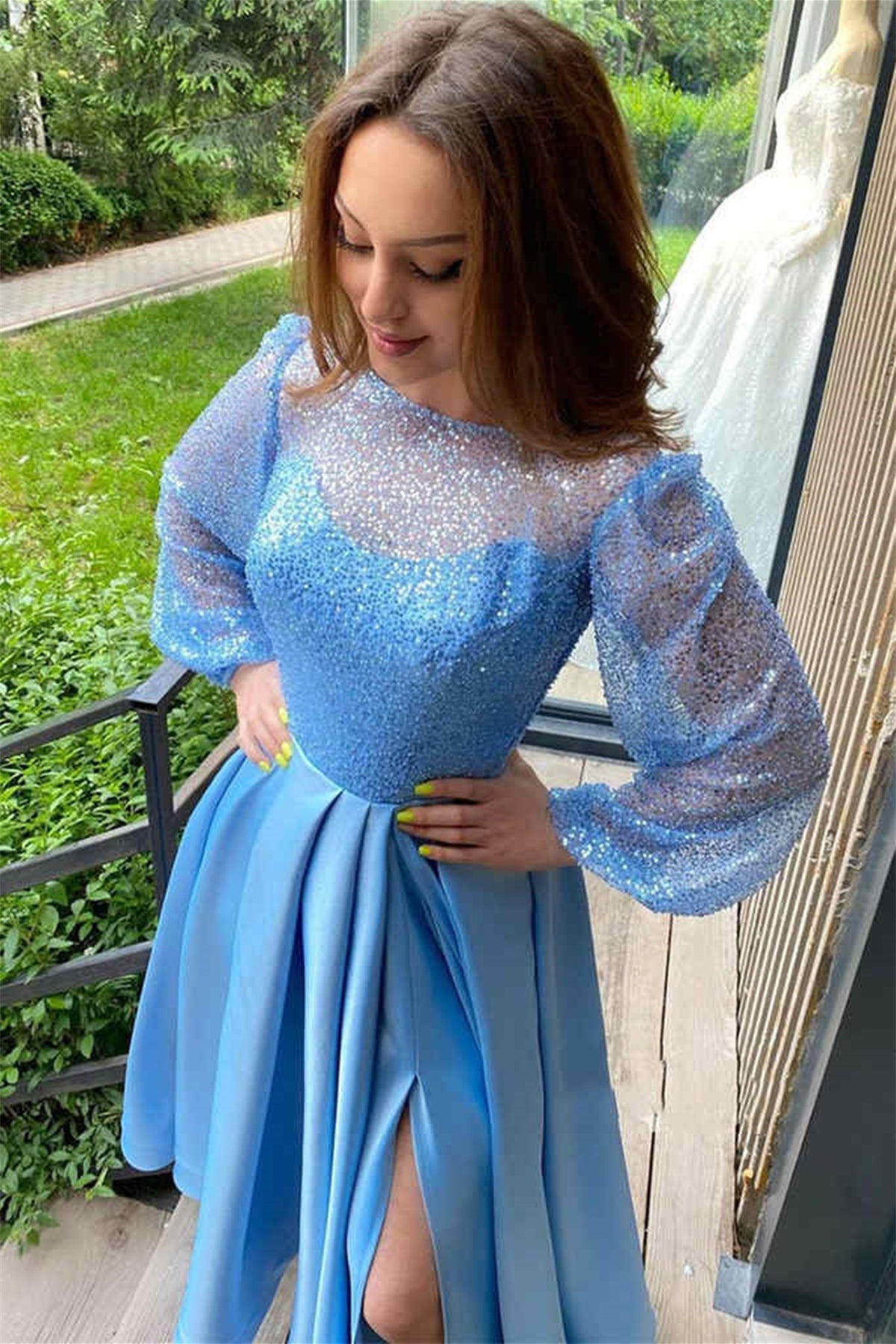 Long Sleeves Round Neck Light Blue Tea Length Prom Dress with High Slit, Long Sleeves Light Blue Formal Graduation Evening Dress A1515