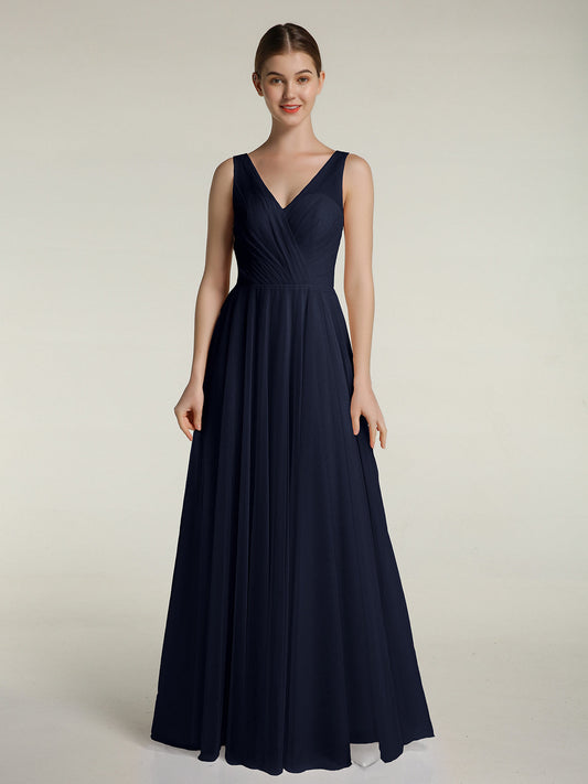 Illusion V-neck Tulle Long Dresses-Dark Navy