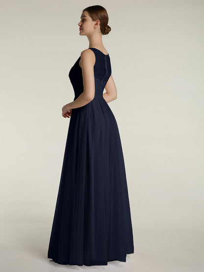 Illusion V-neck Tulle Long Dresses-Dark Navy