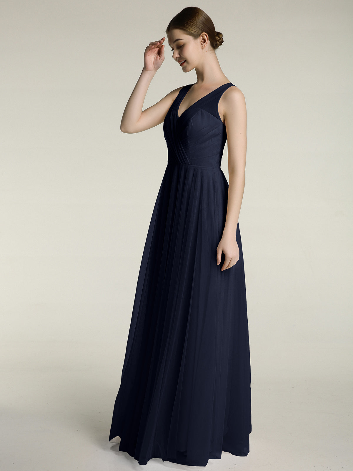 Illusion V-neck Tulle Long Dresses-Dark Navy