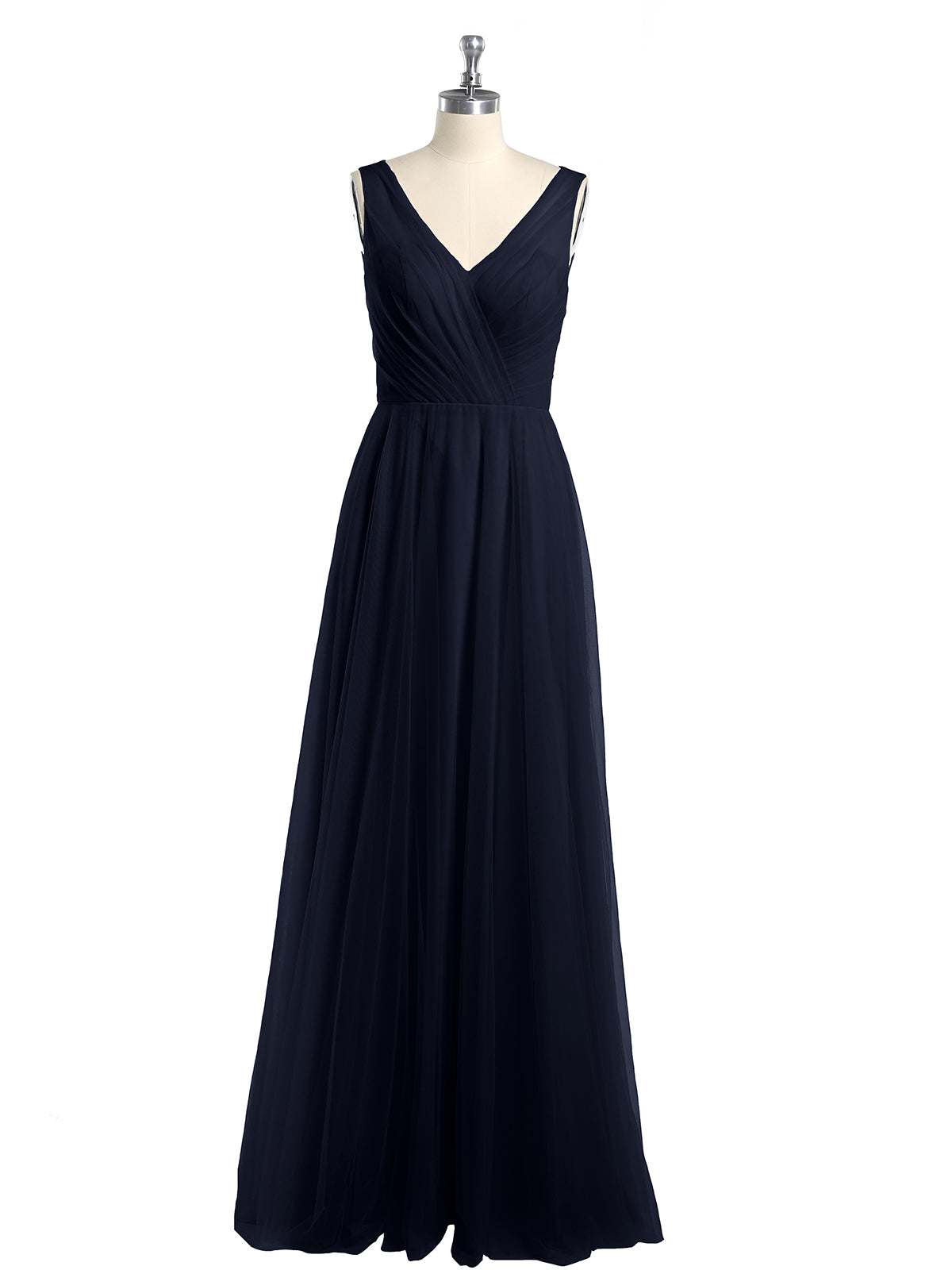 Illusion V-neck Tulle Long Dresses-Dark Navy