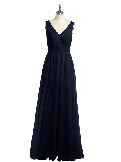 Illusion V-neck Tulle Long Dresses-Dark Navy