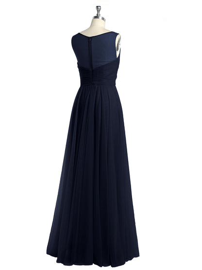 Illusion V-neck Tulle Long Dresses-Dark Navy