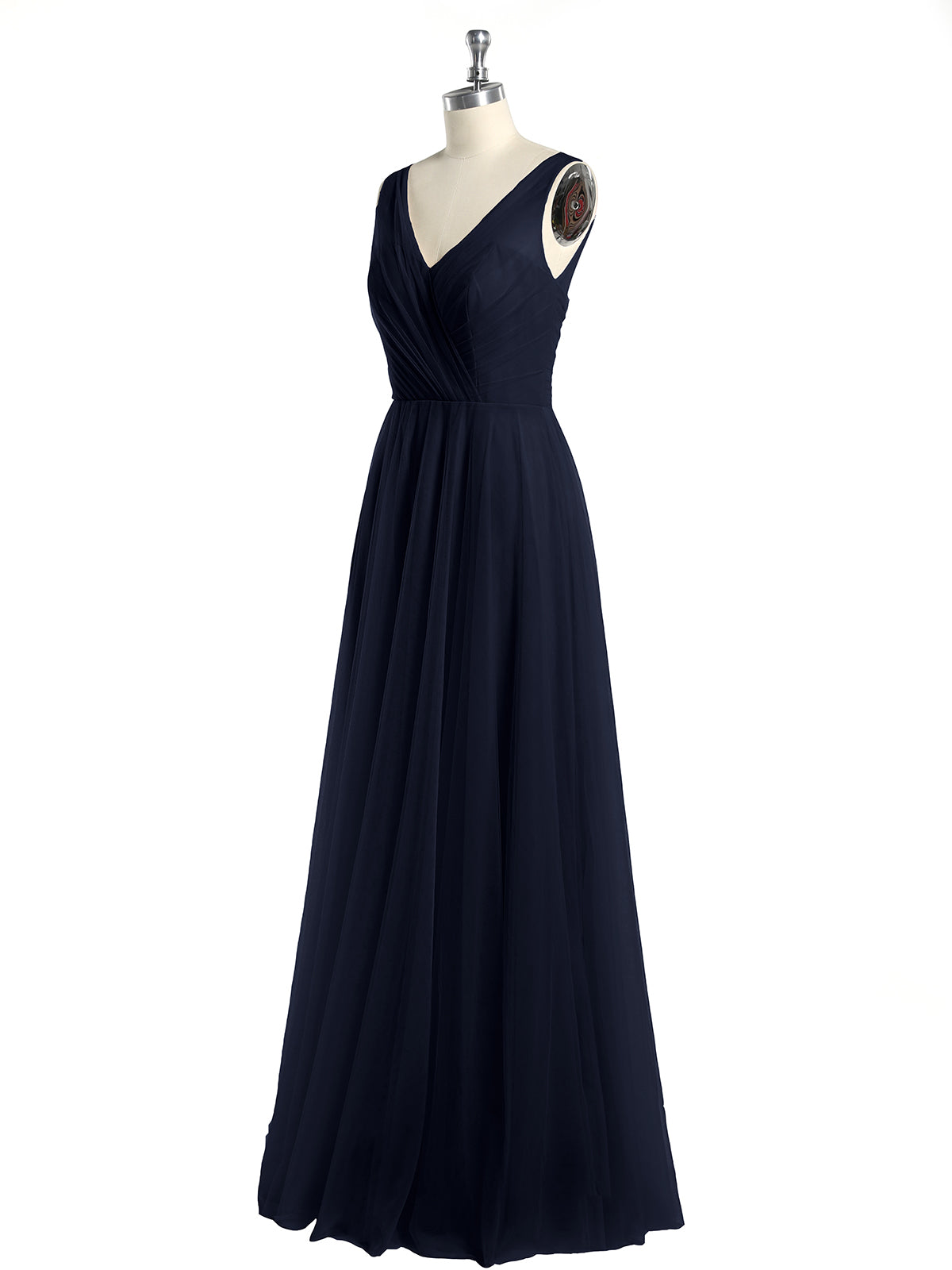 Illusion V-neck Tulle Long Dresses-Dark Navy
