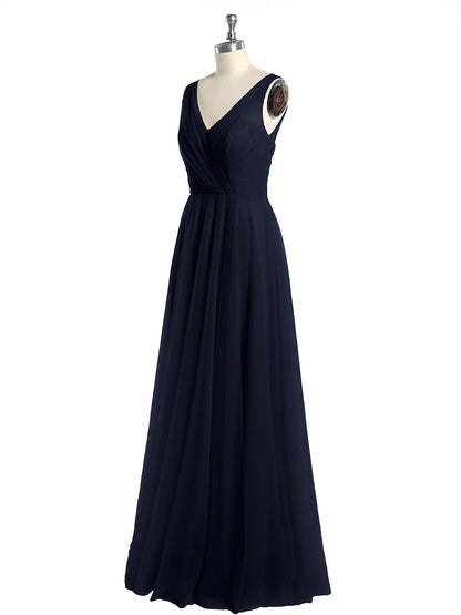 Illusion V-neck Tulle Long Dresses-Dark Navy