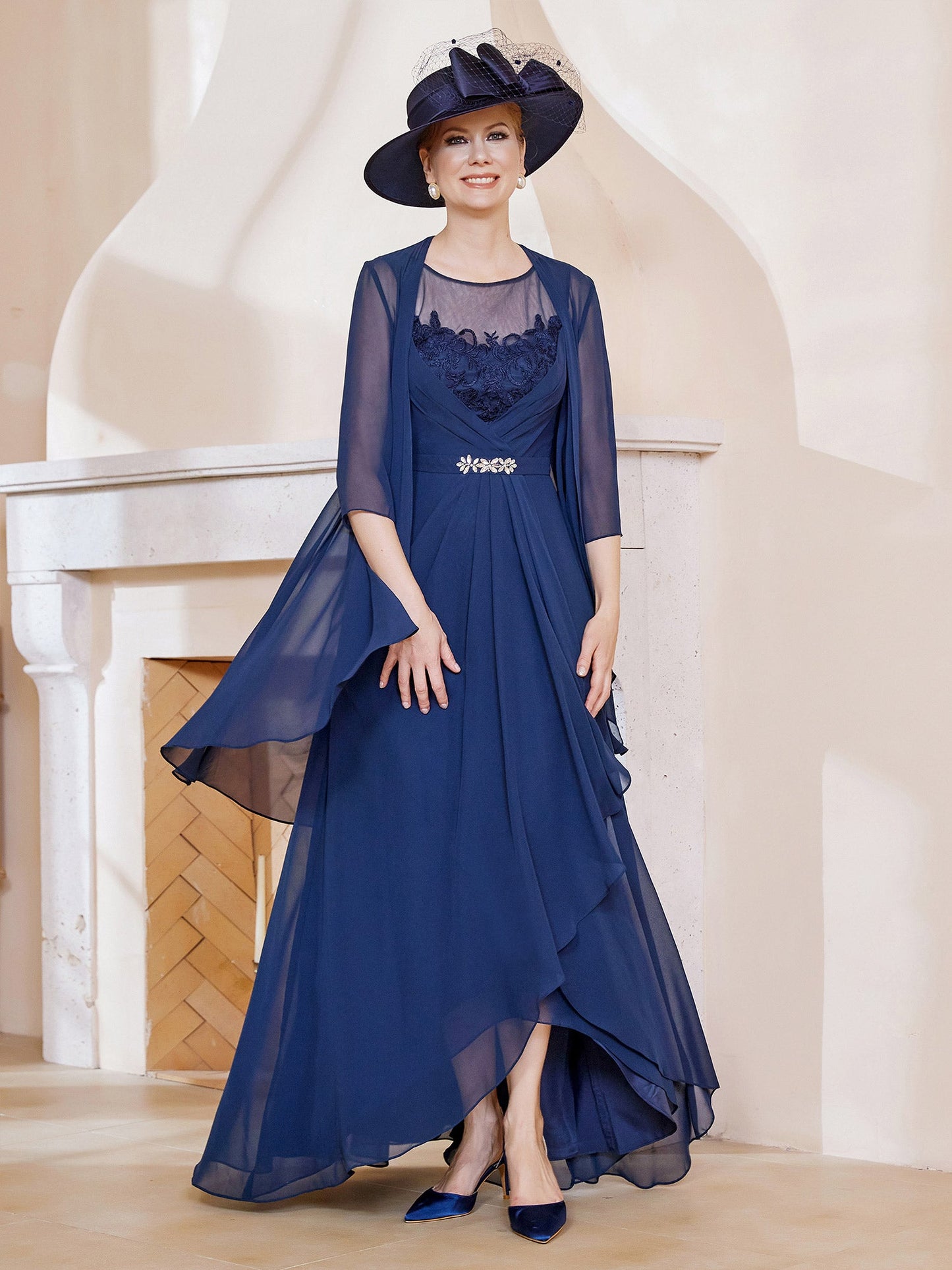 Illusion Neckline Ruffles Dress With Jacket Dark Navy