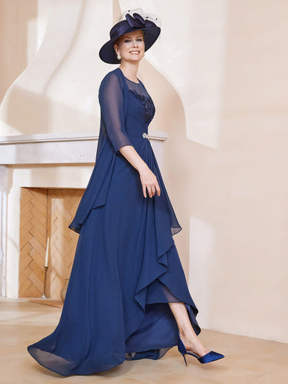 Illusion Neckline Ruffles Dress With Jacket Dark Navy