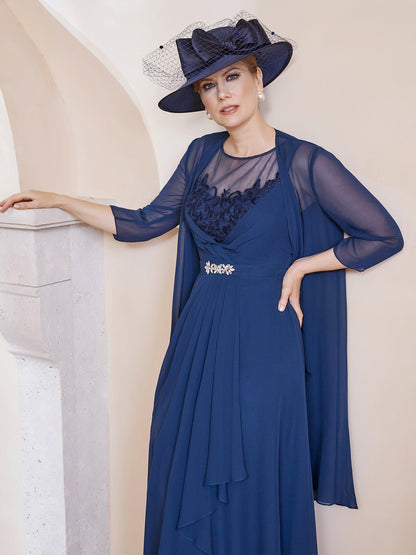 Illusion Neckline Ruffles Dress With Jacket Dark Navy