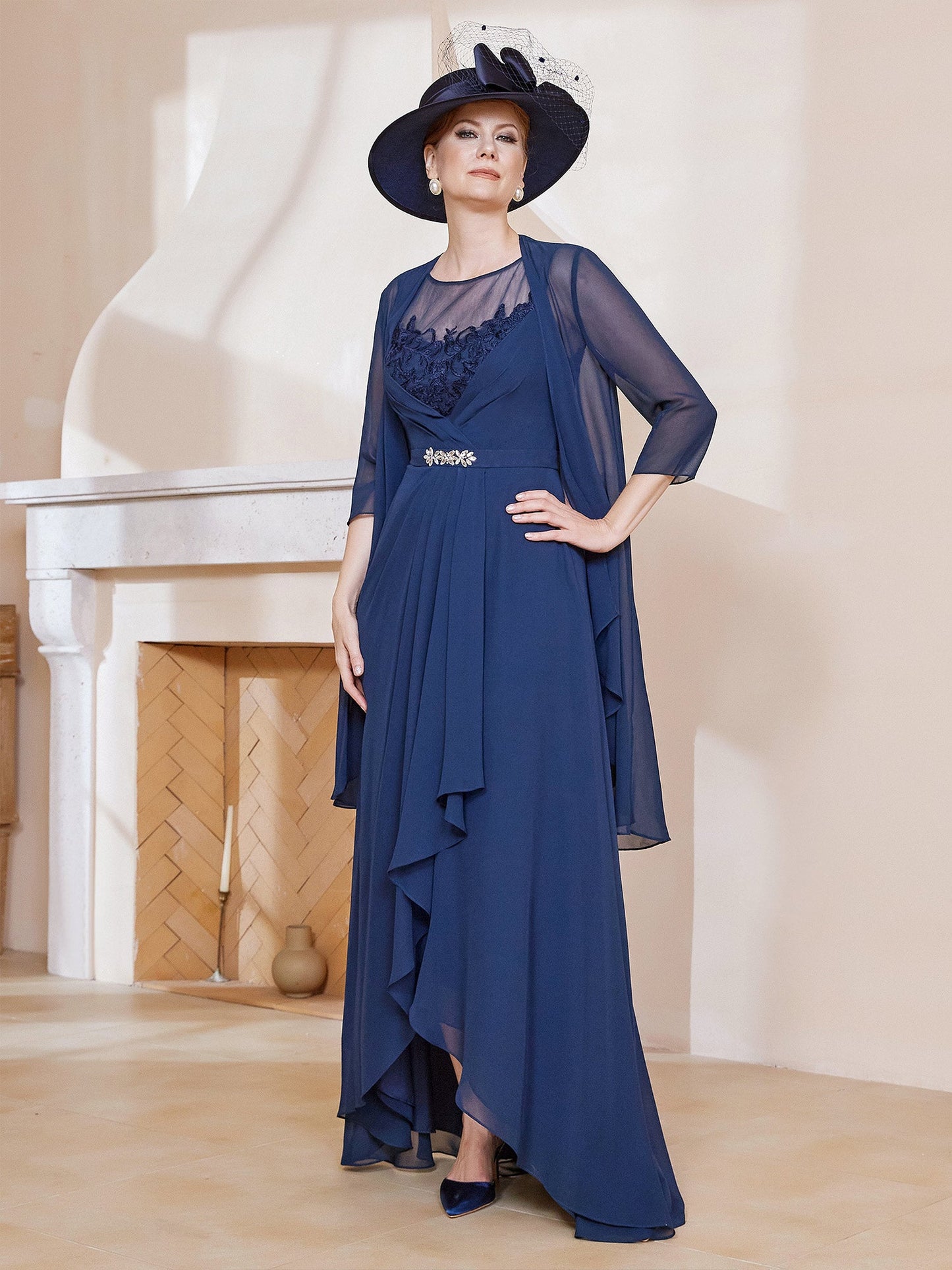 Illusion Neckline Ruffles Dress With Jacket Dark Navy