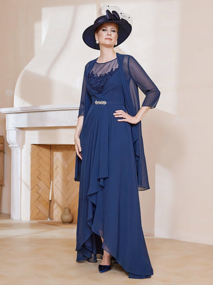 Illusion Neckline Ruffles Dress With Jacket Dark Navy