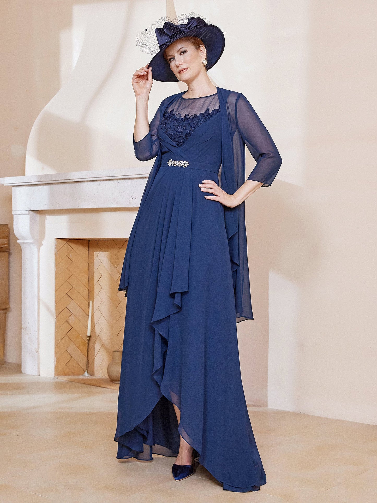 Illusion Neckline Ruffles Dress With Jacket Dark Navy