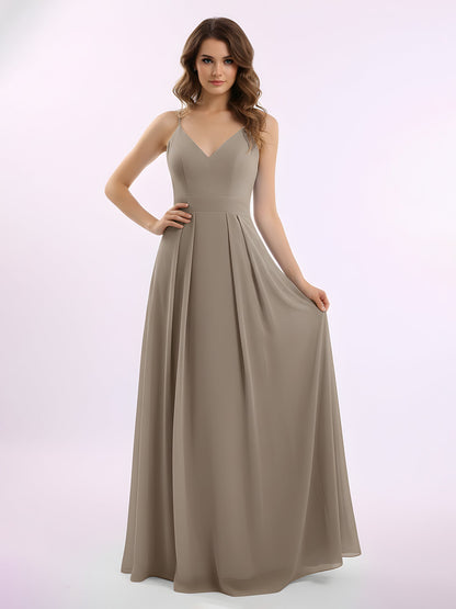 Spaghetti Strap V-neck Chiffon Gowns with Pocket-Taupe