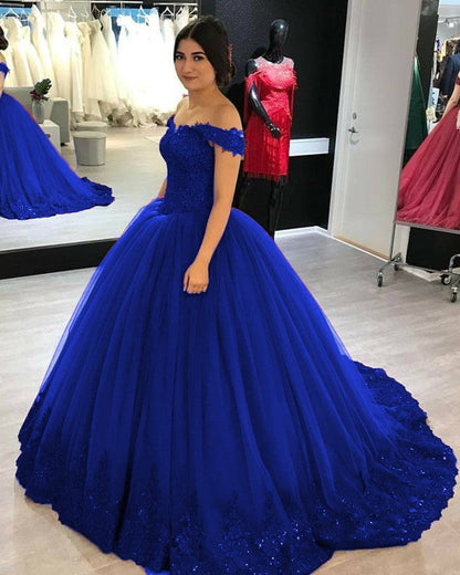 Lovely Lace Appliques V-neck Off Shoulder Tulle Wedding Dress Ball Gowns