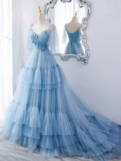 Aimishang Lovely Blue Tulle with Straps Layers Long Formal Dresses Evening Gown Party Dress Prom Dress Wholesale