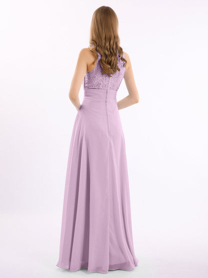 Lace Deep V-neck and Back Chiffon Long Dresses-Wisteria