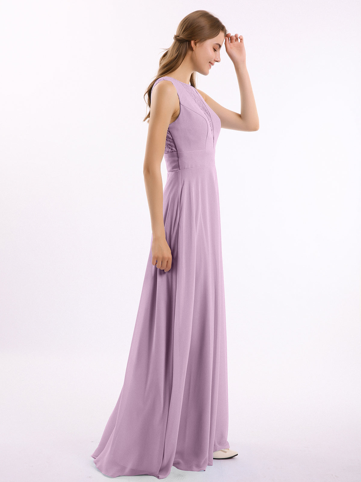 Lace Deep V-neck and Back Chiffon Long Dresses-Wisteria