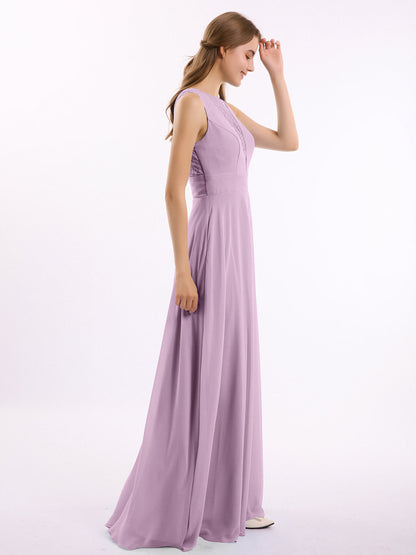 Lace Deep V-neck and Back Chiffon Long Dresses-Wisteria