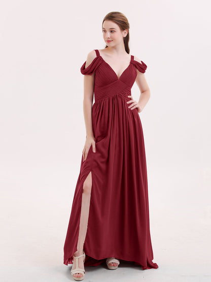Deep V Neck Sexy Chiffon Dress with Slit-Burgundy