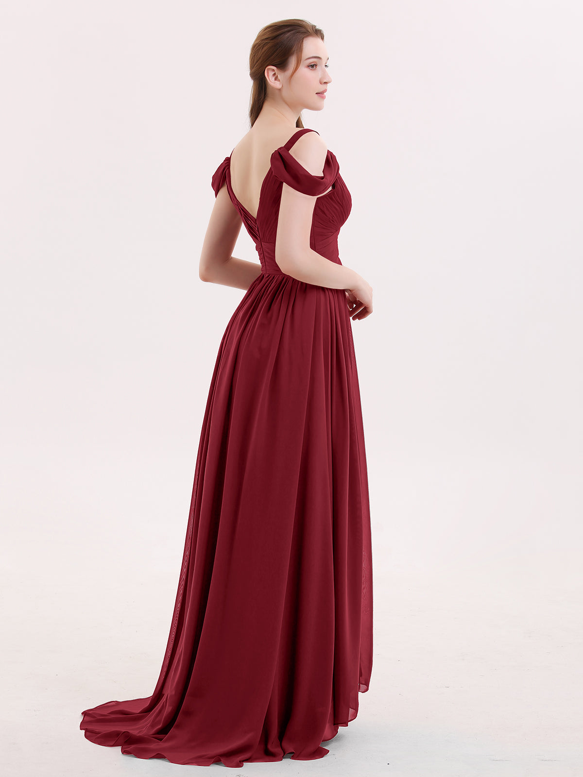 Deep V Neck Sexy Chiffon Dress with Slit-Burgundy