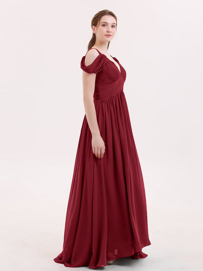 Deep V Neck Sexy Chiffon Dress with Slit-Burgundy