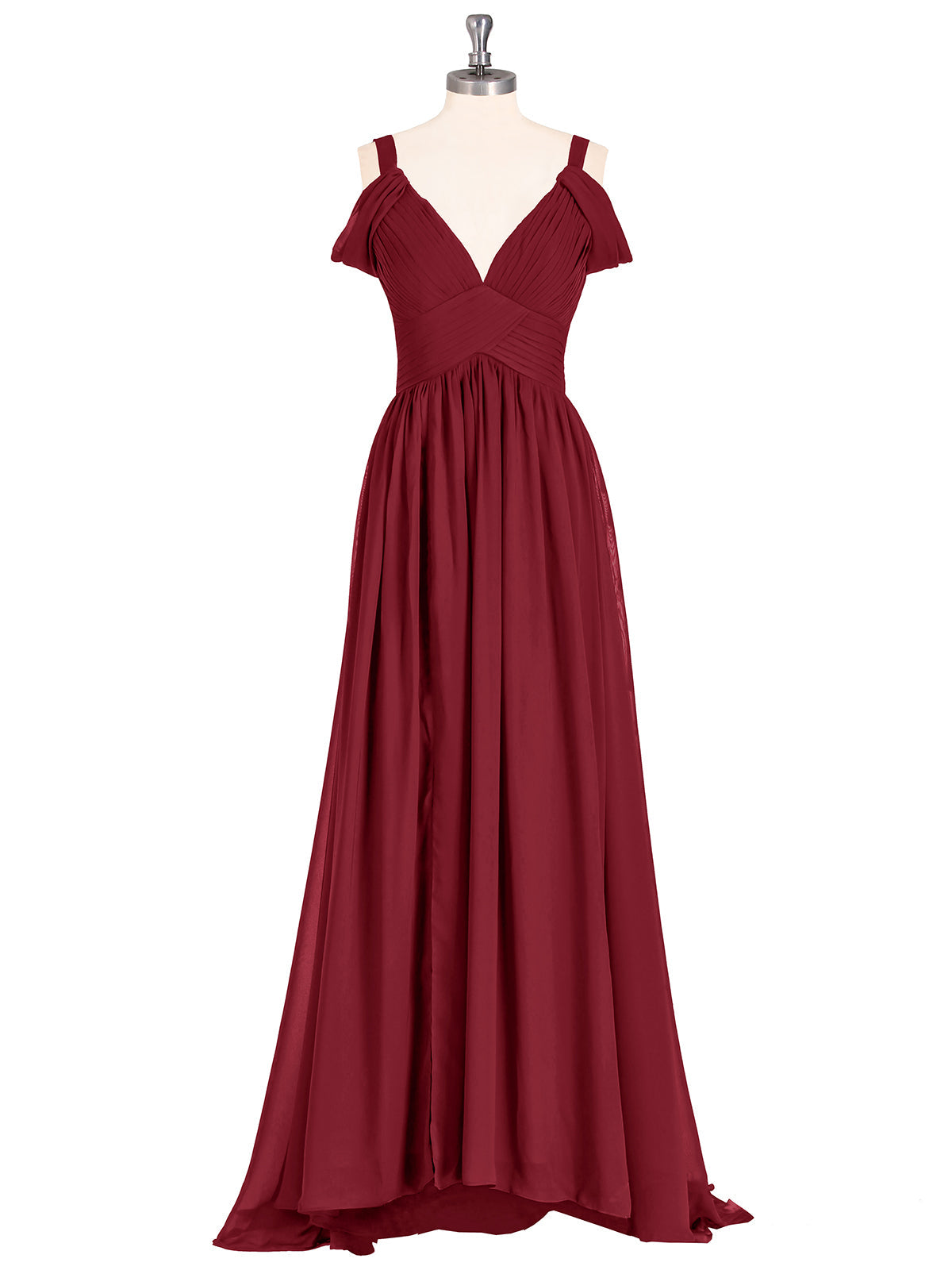 Deep V Neck Sexy Chiffon Dress with Slit-Burgundy