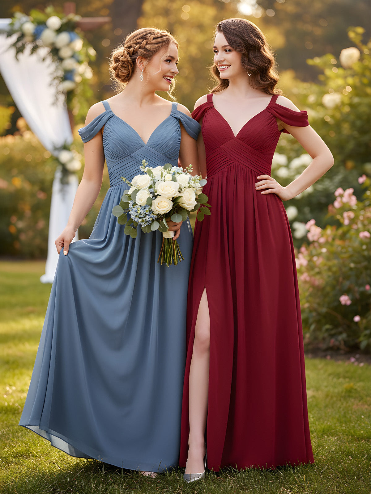 Deep V Neck Sexy Chiffon Dress with Slit-Burgundy
