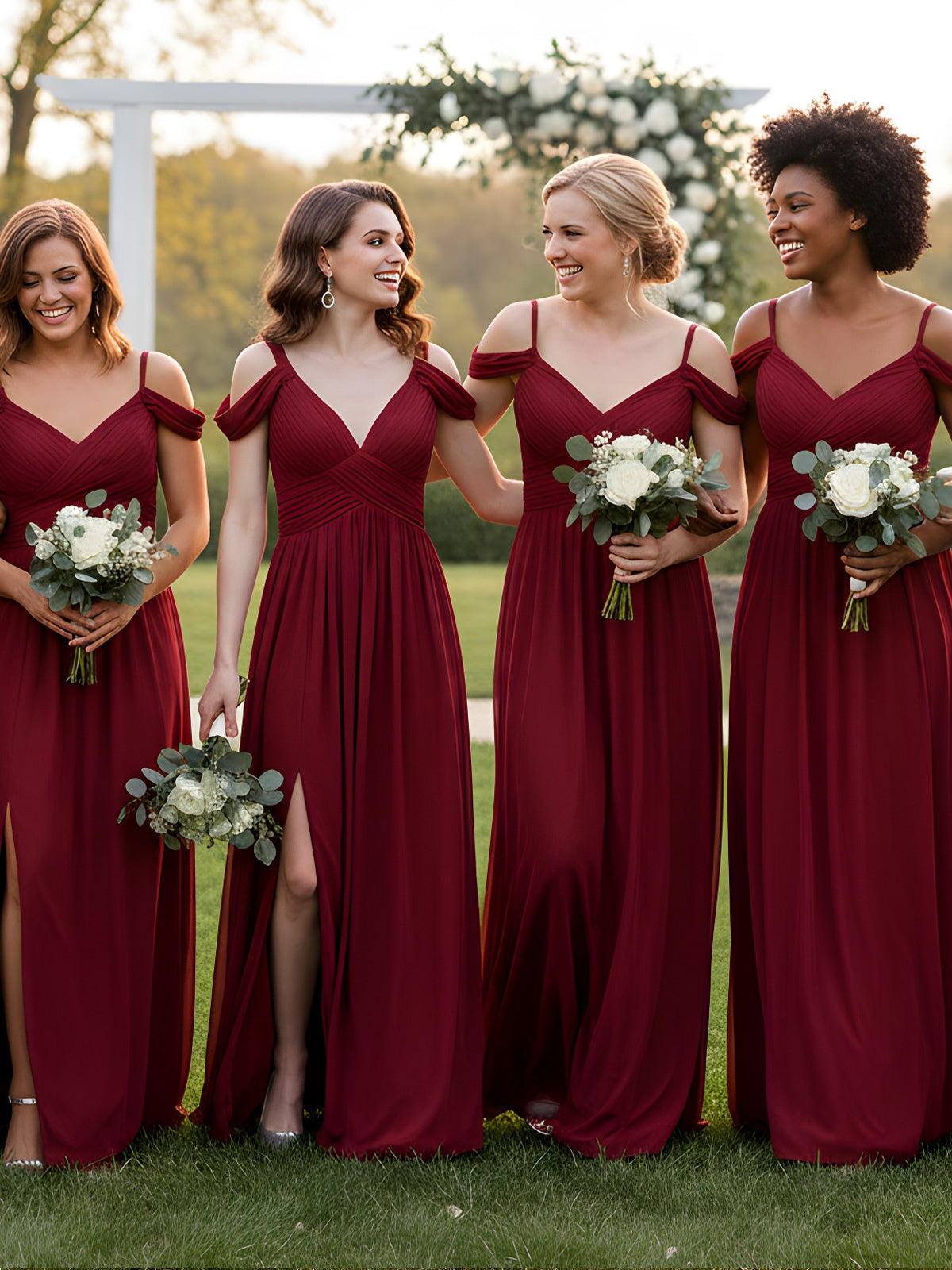 Deep V Neck Sexy Chiffon Dress with Slit-Burgundy