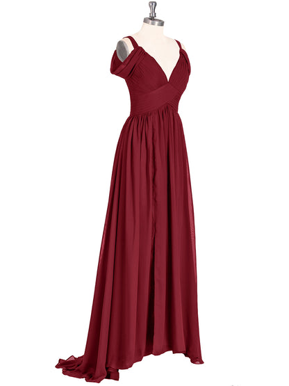 Deep V Neck Sexy Chiffon Dress with Slit-Burgundy