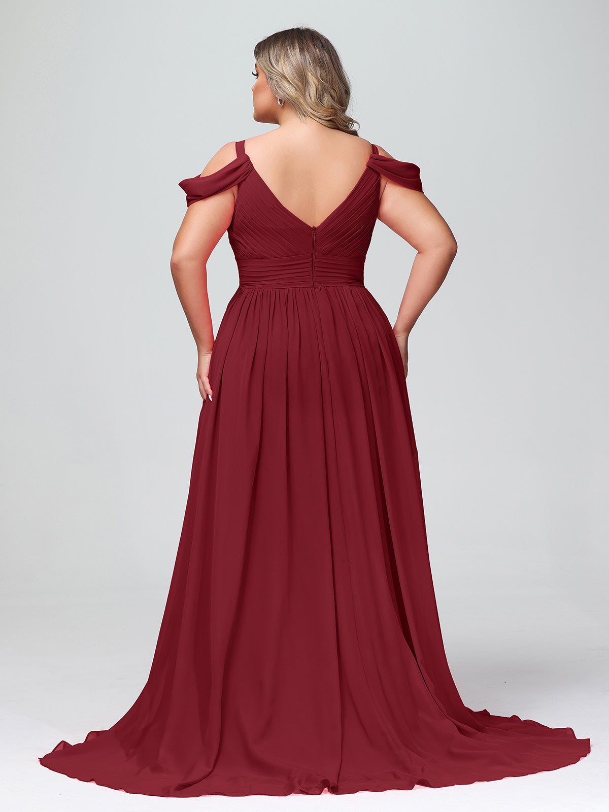 Deep V Neck Sexy Chiffon Dress with Slit-Burgundy