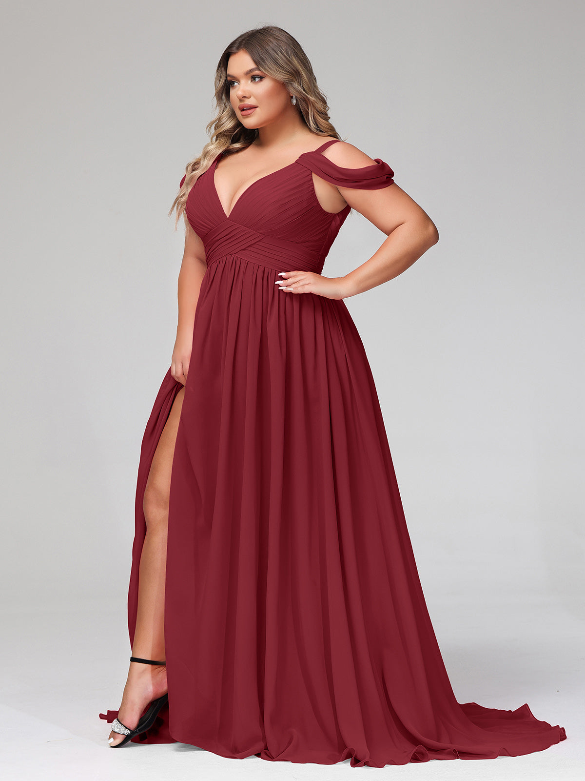 Deep V Neck Sexy Chiffon Dress with Slit-Burgundy