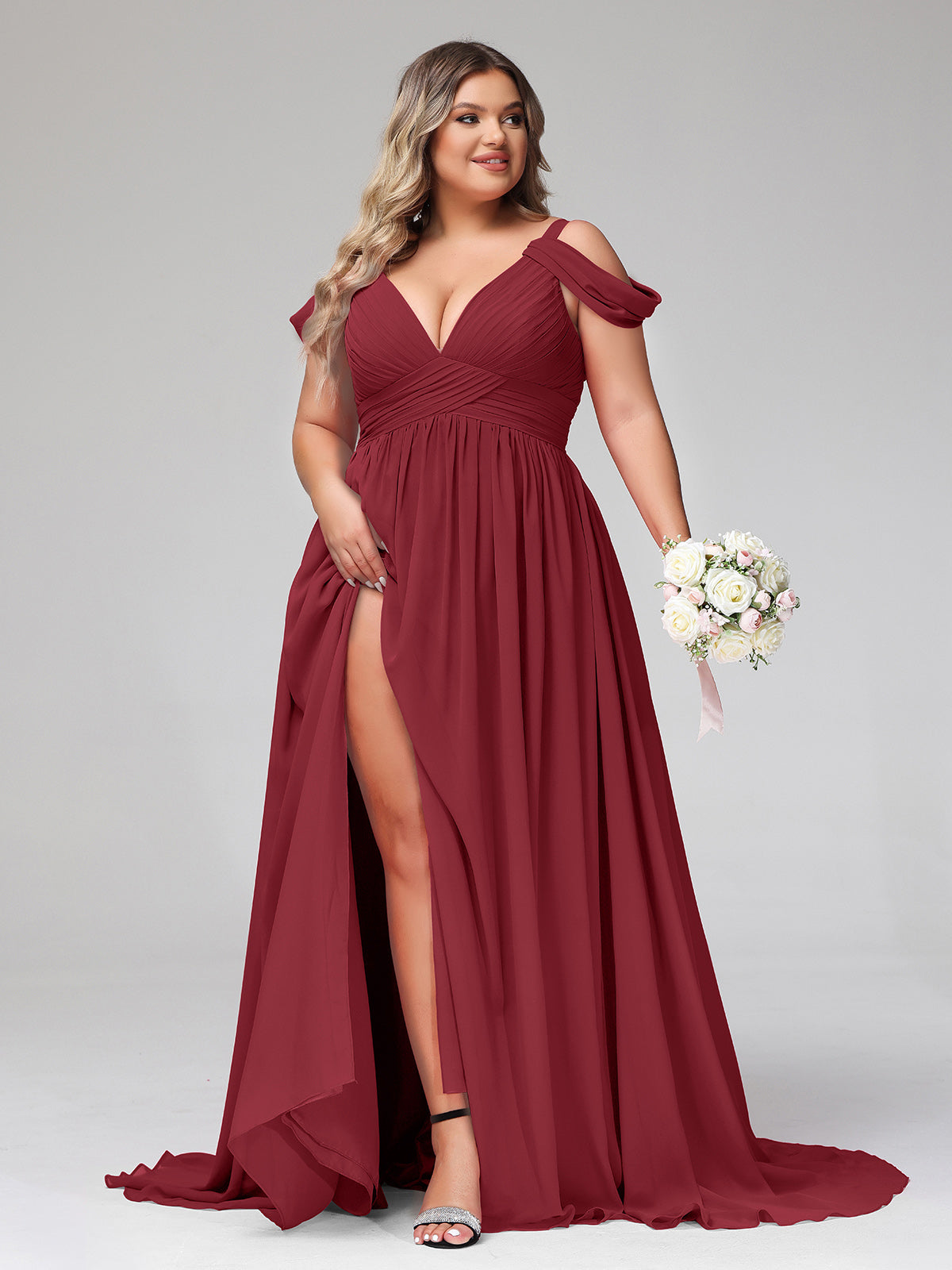 Deep V Neck Sexy Chiffon Dress with Slit-Burgundy