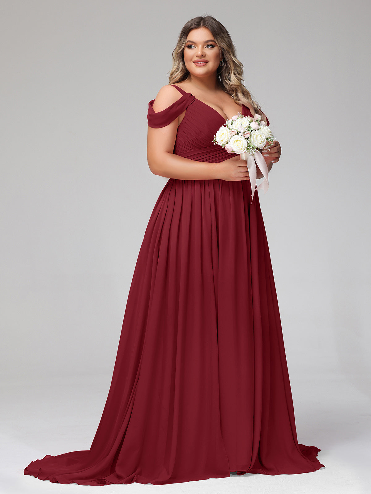 Deep V Neck Sexy Chiffon Dress with Slit-Burgundy