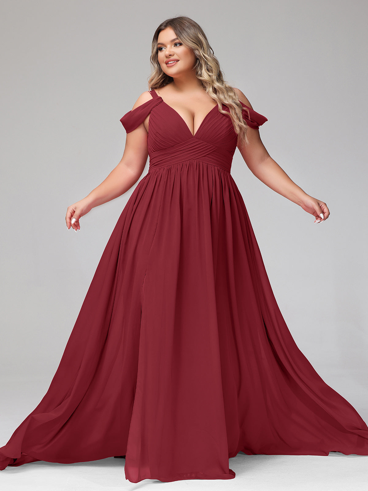 Deep V Neck Sexy Chiffon Dress with Slit-Burgundy