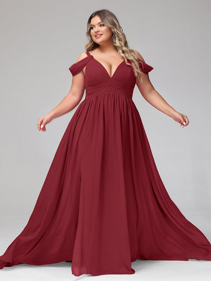 Deep V Neck Sexy Chiffon Dress with Slit-Burgundy