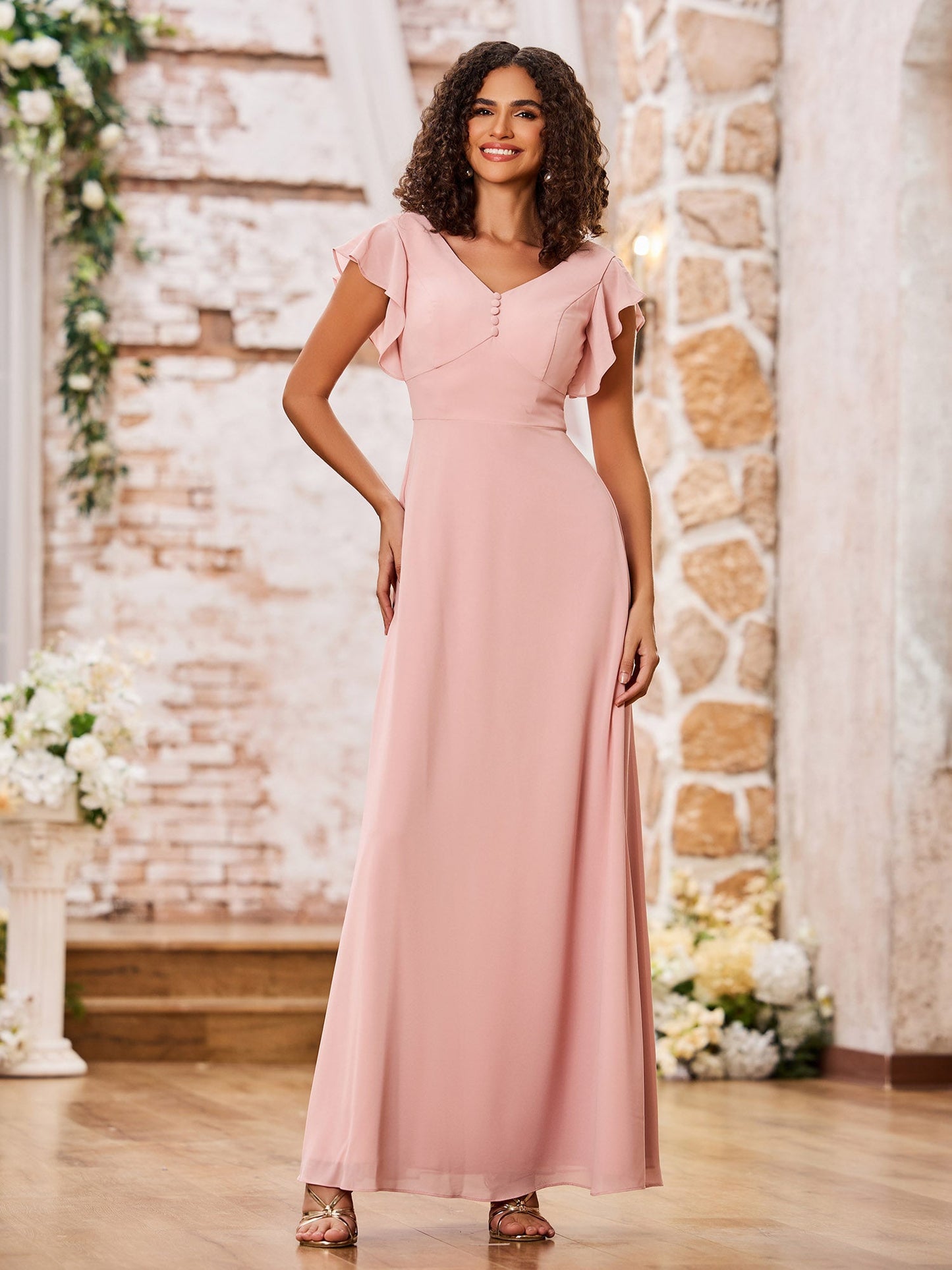 V-neck A-line Flutter Sleeves Long Chiffon Dresses Dusty Rose