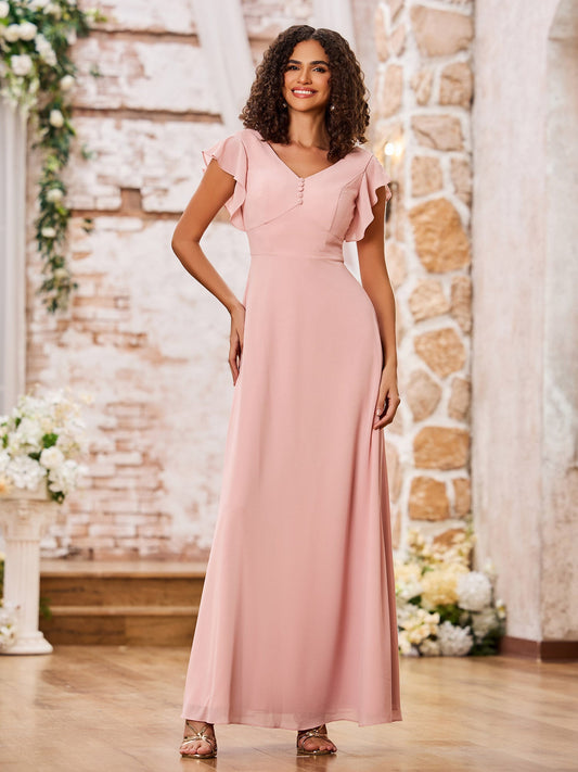 V-neck A-line Flutter Sleeves Long Chiffon Dresses Dusty Rose
