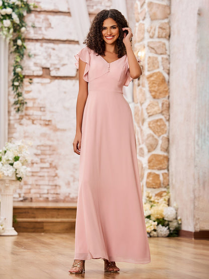V-neck A-line Flutter Sleeves Long Chiffon Dresses Dusty Rose